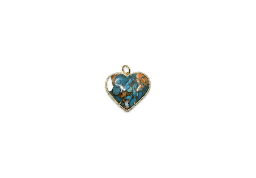 14K Gold Diamond Turquoise & Orange Shell Mix Heart Charm