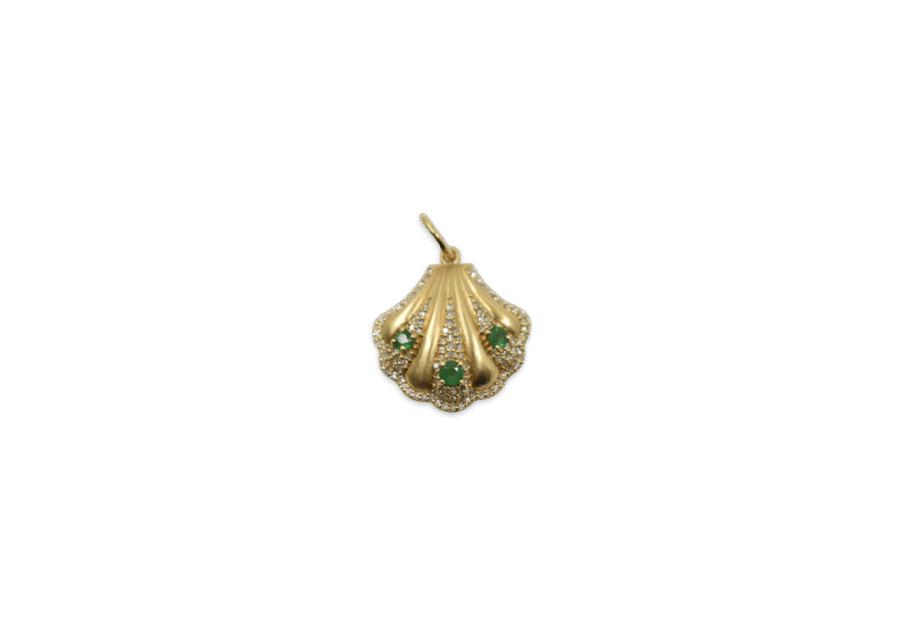 14K Gold Diamond Emerald Mini Shell Charm
