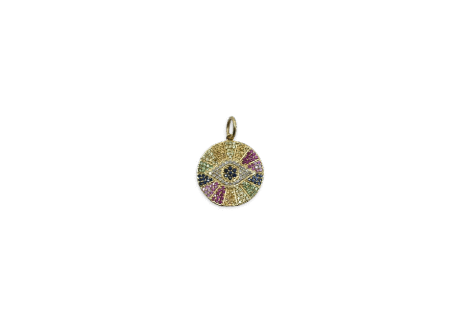 14K Gold Diamond & Multi Sapphire Evil Eye Disc Charm